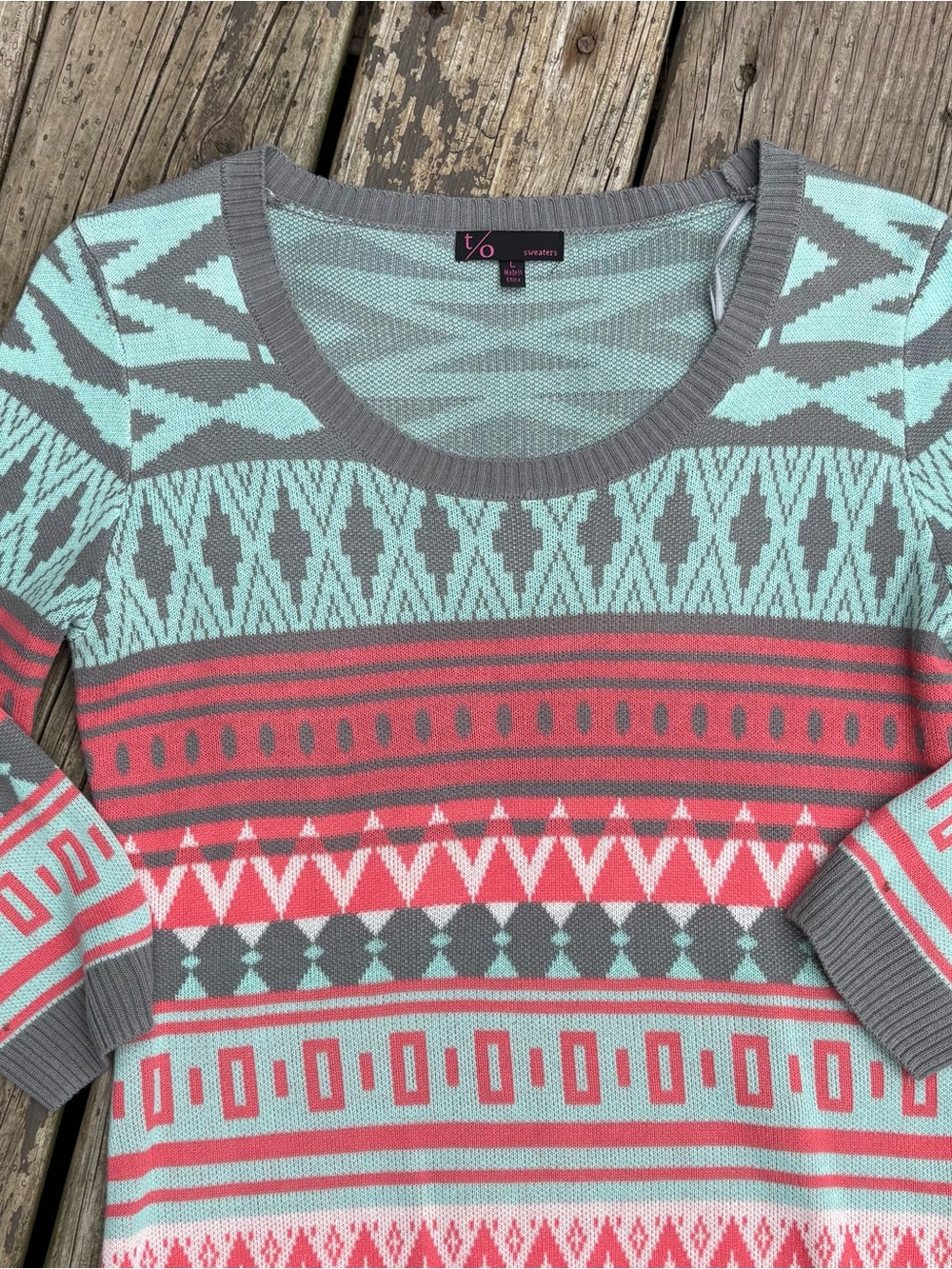 t/o Scoopneck Geometric Knit Sweater Dress - Mint, Coral & Gray -size L